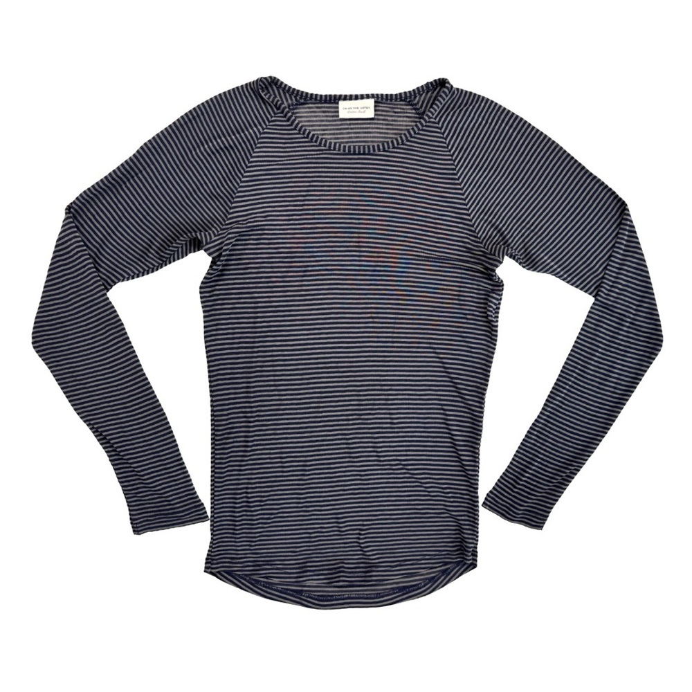 Dries Van Noten Gray Navy Stripe Long Sleeve Semi Sheer Crew Neck Top XS‎